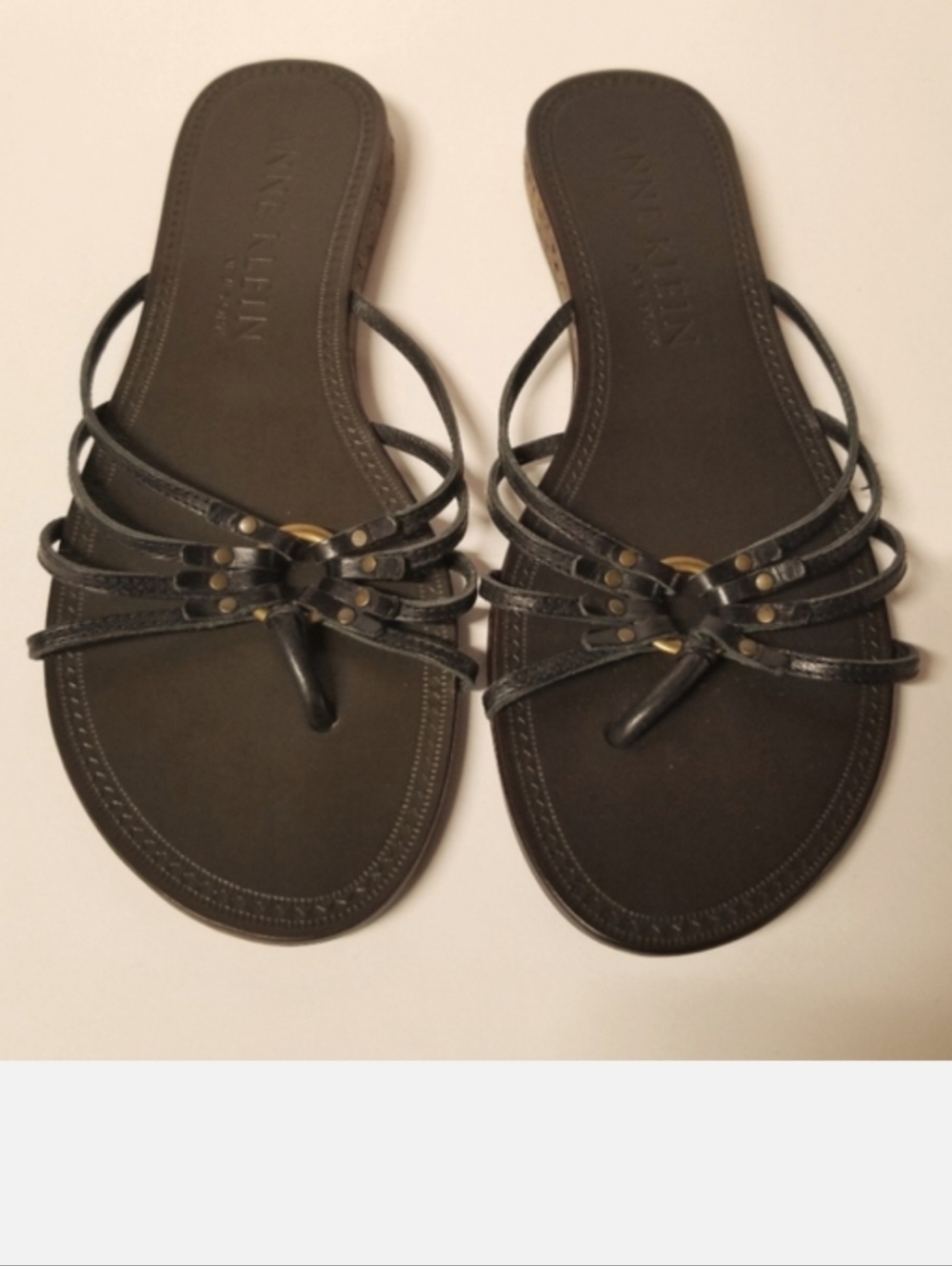 Anne Klein Leather Thong Slide Sandals, Black/Brown, NWT, Y2K